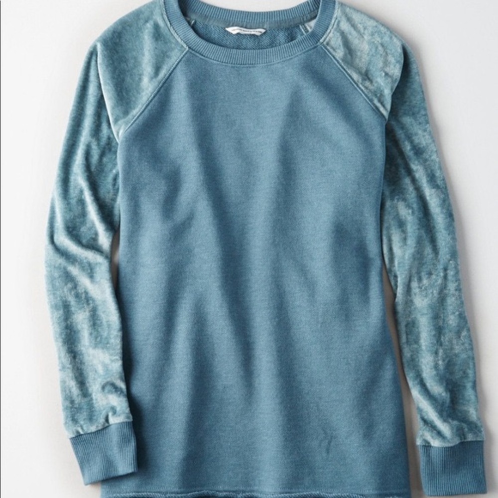 American Eagle Velour Sleeve Blue Sweatshirt